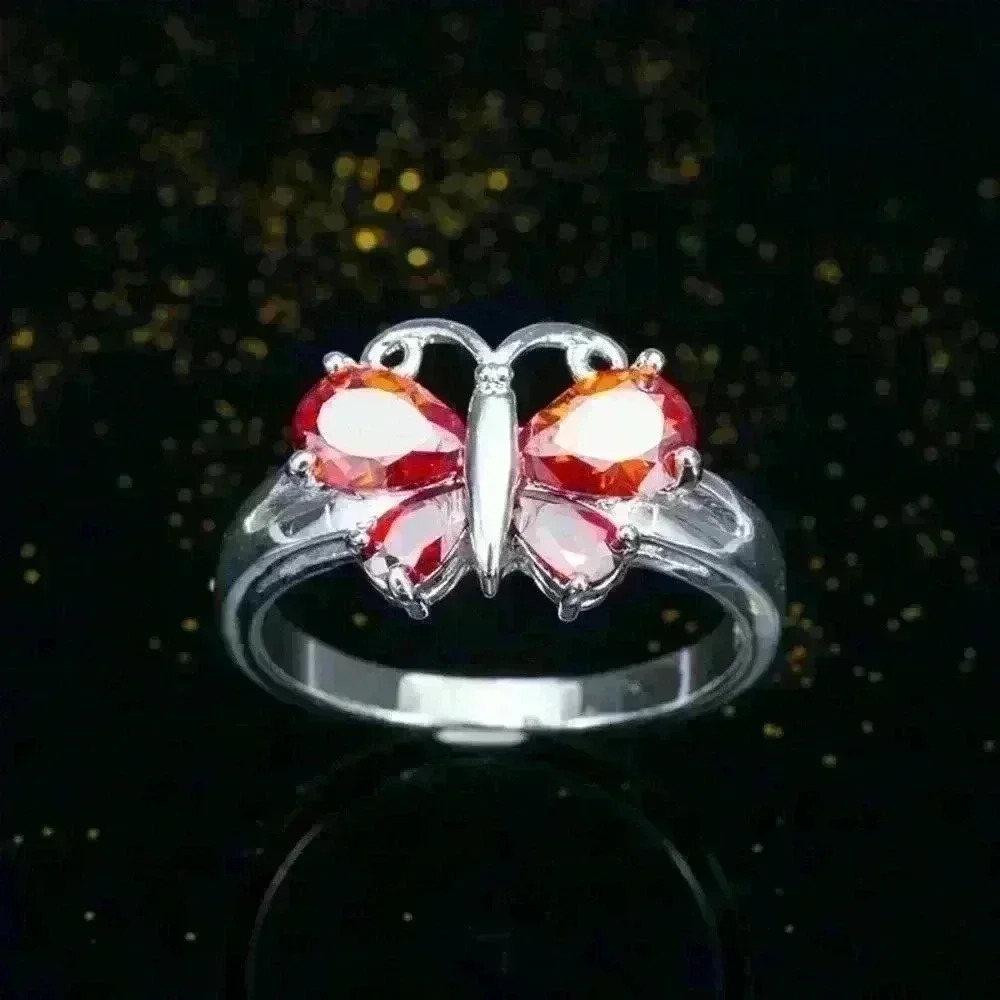 🎀925 Silver Plated Ruby Red Sapphire CZ Cute Butterfly Ring, GPMB1473